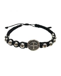 St Benedict Center With Silver Beads Corded Bracelet