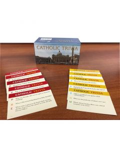Catholic Trivia game displayed out on a table, showing the two types of cards.