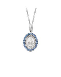 Sterling Silver Miraculous Medal With Blue Stone Border
