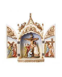 Catholic Crucifixion Triptych from Leaflet Missal. Measures 14 inches high and 14 wide when doors are opened.