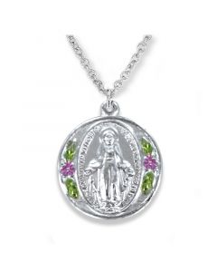 Sterling Silver Round Miraculous Medal with Enameled Flowers