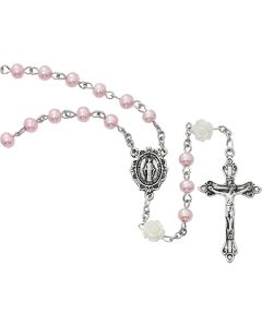 Pink Pearl Rosary w/White Rosebud Our Father Beads