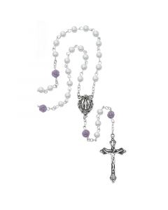White Pearl with Lavender Rosebud Our Father Bead Rosary