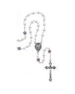 White Pearl with Lavender Rosebud Our Father Bead Rosary
